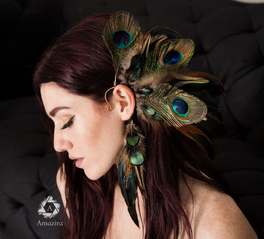 Peacock Wedding Ear Cuff, Bridal Feather, Long Peacock Feathers, Natural Feathers, Real Feathers, Festival Earrings, Feather Statement Piece