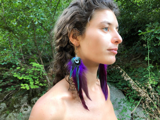 Long Feather Earrings, Unique Colourful Earrings, Purple and Blue Earrings, Dangle Drop Earrings, Bohemian Boho Chic Earrings, Gift for Her