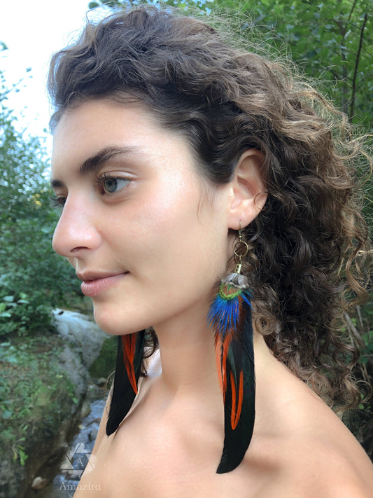 CLEARANCE LAST CHANCE! Black and Orange Earrings, Died Natural Feathers, Dangle Earrings, Long Earrings, Bird Feathers, Colourful Earrings