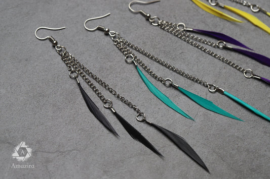 CLEARANCE LAST CHANCE! Dangling Chains Blue Drop Earrings, Feathers Turquoise Earrings, Natural Long Feather Earrings