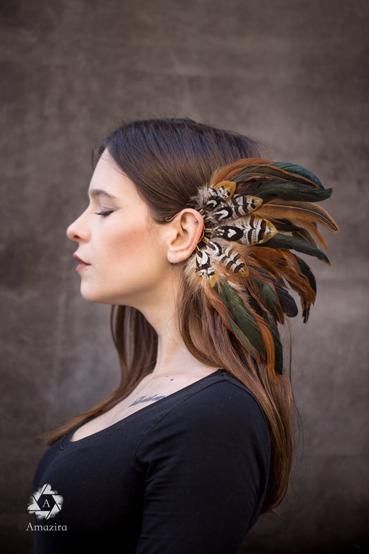 Festival Burning Man Feather Ear Cuff, Boho Jewelry, Tribal Hippy Unique Earrings, Feather Hair Jewellery, Dragoncon Cosplay Feather Cuff