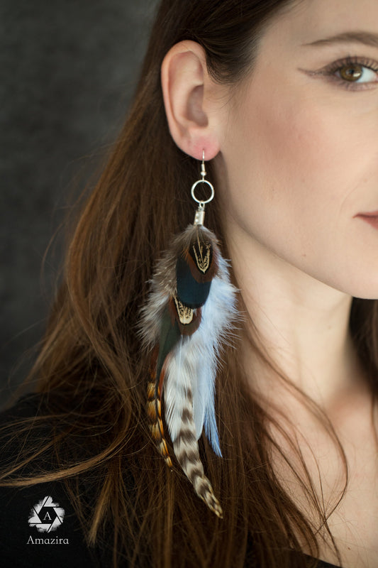 Blue and Brown Long Earrings, Natural Feathers, Dangle Earrings, Bohemian Feather Earrings, Tribal Earrings, Cool Summer Cute Chic Earrings