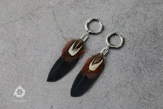 Unisex Detachable Hoop Earring, Handmade Black Brown Feather Earring, Small Silver Colour Statement Minimalist Earring for Men, Gift for Him