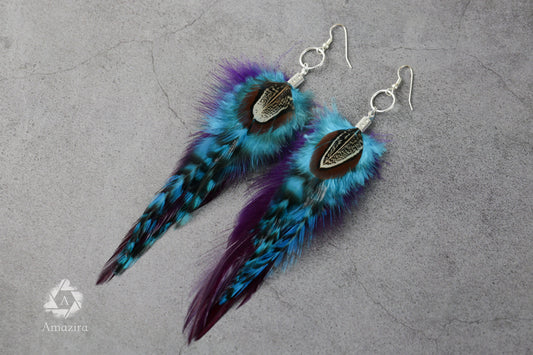 Blue and Purple Stripped Fluffy Feather Earrings, Bohemian Cosplay Hippy Accessory, Bright Colourful Unique Long Jewellery, Gift for Her Mom