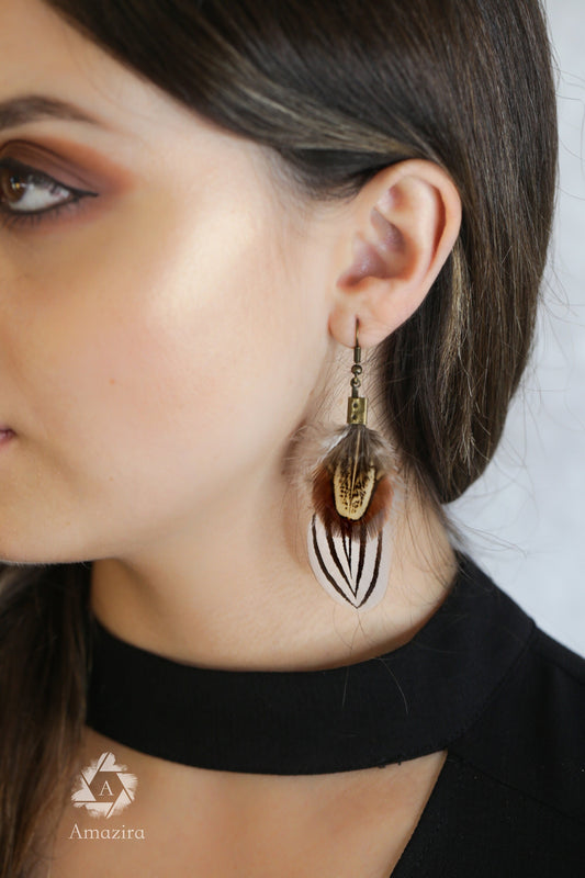 Handmade White Striped Real Feather Earrings, Handmade Brown Dangle Festival Drop Earrings, Unique Feather Jewellery, Gift for Her Mom