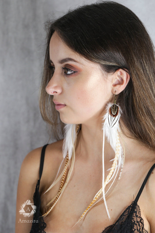 Extra Long Striped White Feather Grizzly Earrings, Tribal Ethnic Brown Earrings, Long Hippie Boho Wedding Earrings, Unique Statement Earring