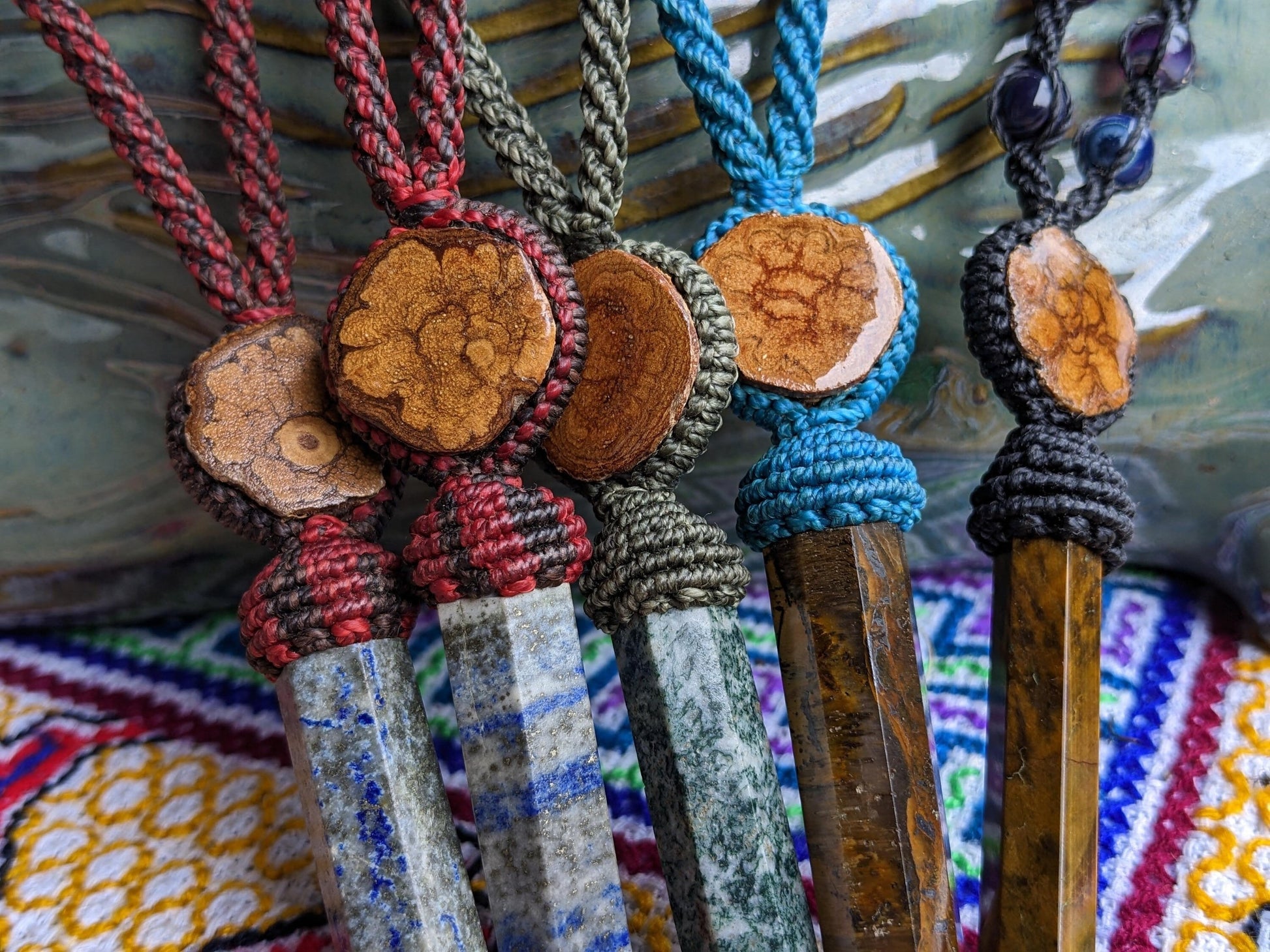 Ayahausca Crystal Pendant Macrame Tiger’S Eye Blue Green Lapis - Shipibo Ceremony - Peru Amazon - Men Man Women - Ayahuaska