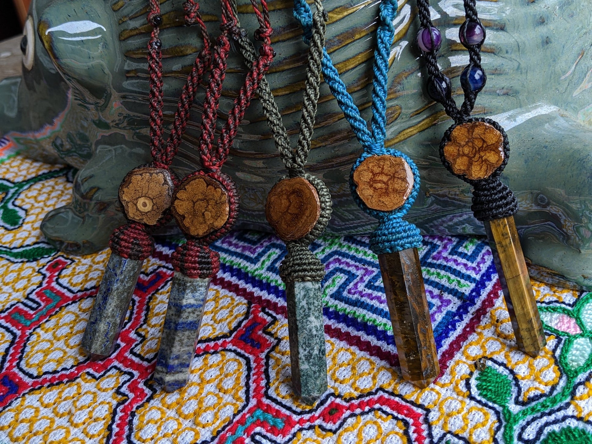 Ayahausca Crystal Pendant Macrame Tiger’S Eye Blue Green Lapis - Shipibo Ceremony - Peru Amazon - Men Man Women - Ayahuaska