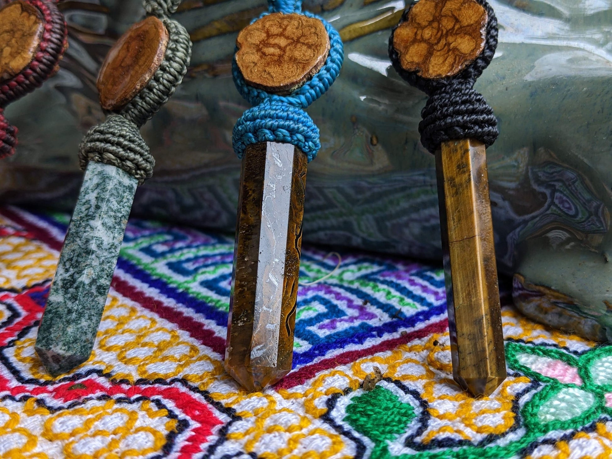 Ayahausca Crystal Pendant Macrame Tiger’S Eye Blue Green Lapis - Shipibo Ceremony - Peru Amazon - Men Man Women - Ayahuaska