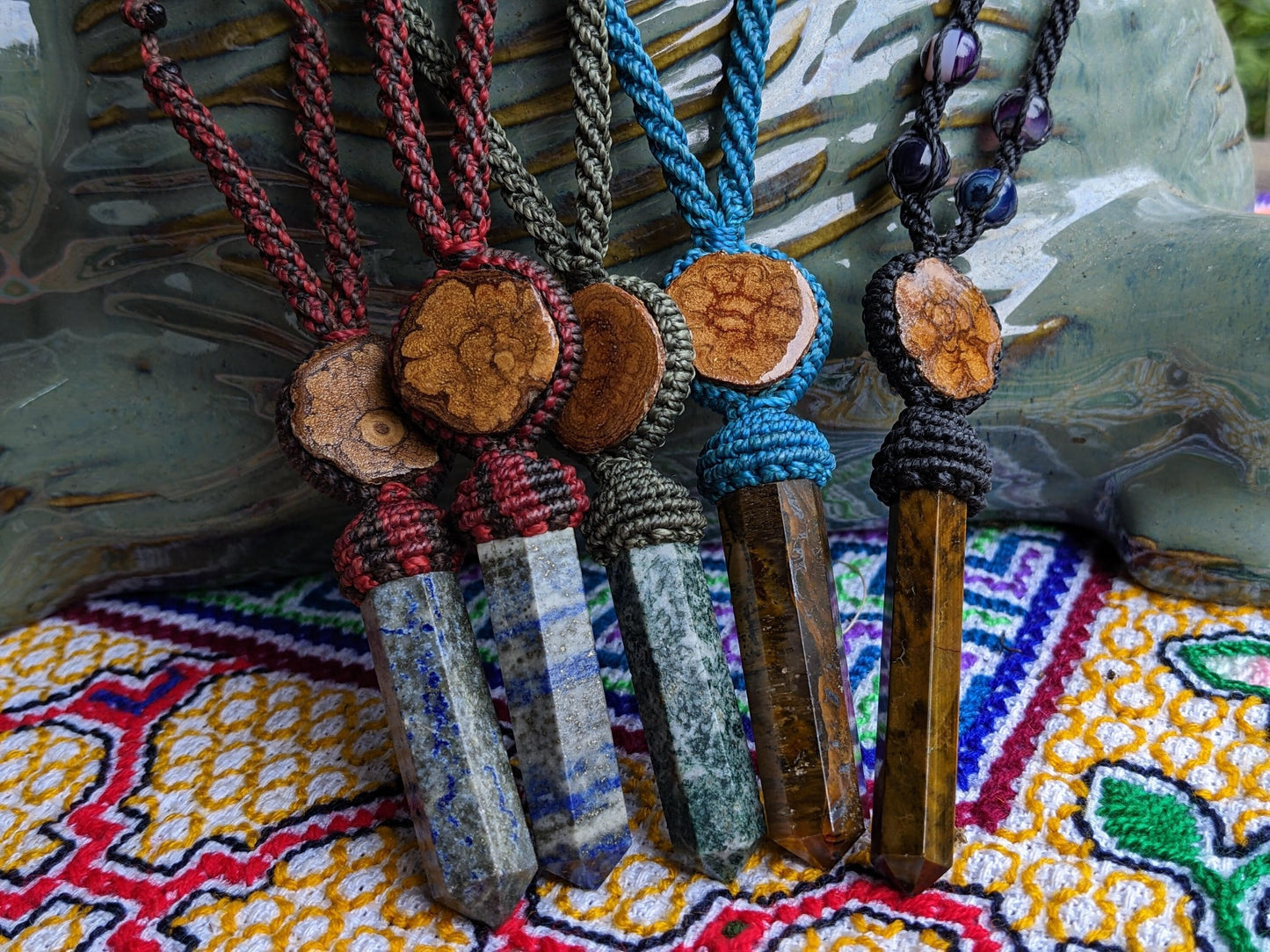 Ayahausca Crystal Pendant Macrame Tiger’S Eye Blue Green Lapis - Shipibo Ceremony - Peru Amazon - Men Man Women - Ayahuaska