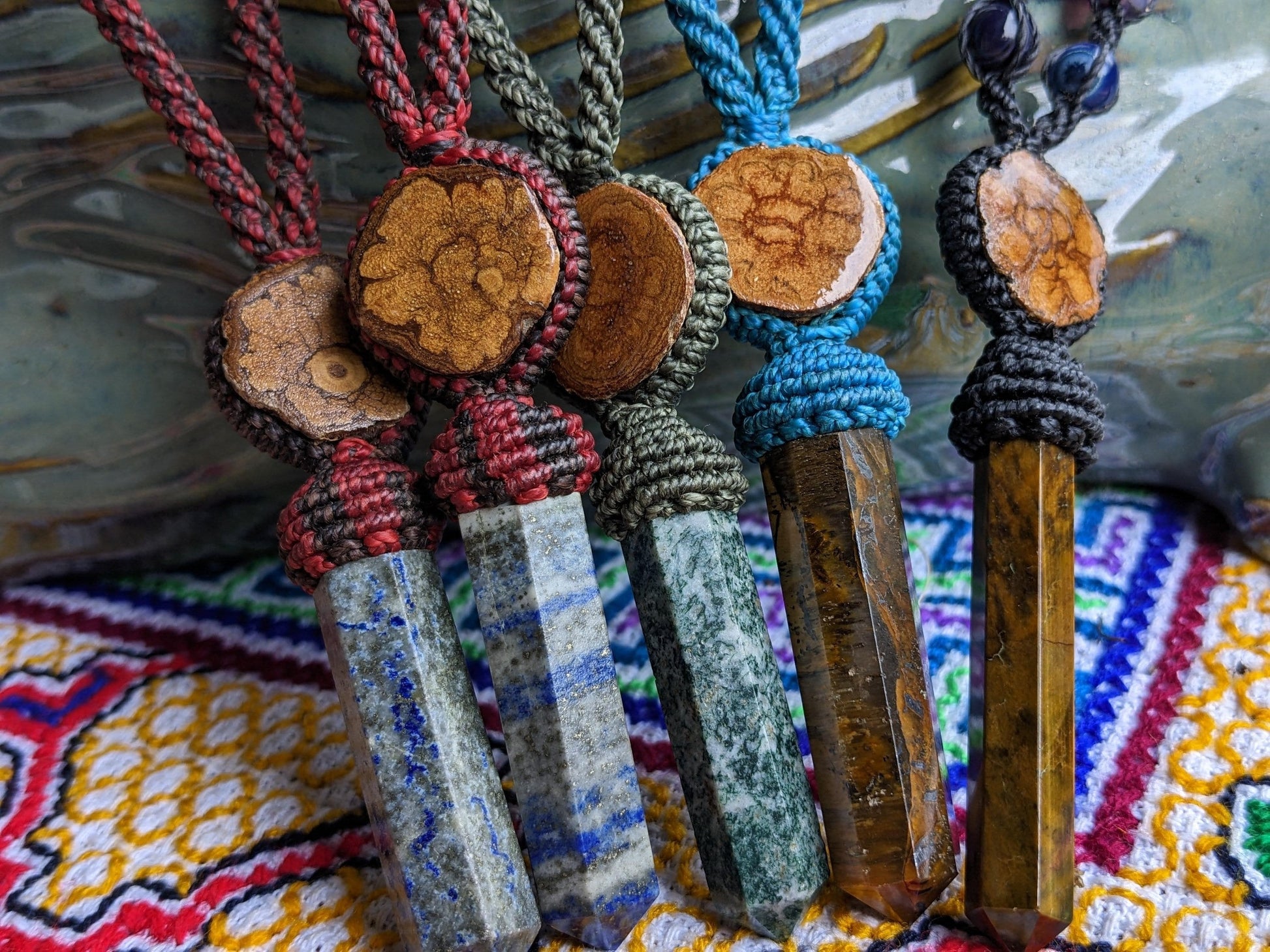 Ayahausca Crystal Pendant Macrame Tiger’S Eye Blue Green Lapis - Shipibo Ceremony - Peru Amazon - Men Man Women - Ayahuaska