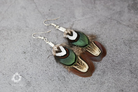 Natural Feather Earrings, Cute Green & Brown Dangle Woman Sterling Silver Earring, Bohemian Chic Mother Day Gift, Hippie Feather Jewellery