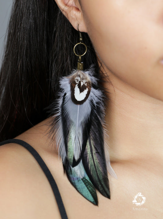 Black and Grey Long Feather Earrings, Handmade Bohemian Long Tribal Earrings, Cool Summer Cute Chic Earrings, Boho Bi Earrings