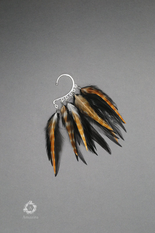 Black & Orange Halloween Feather Ear Wrap, Unique Statement Festival Headpiece Accessory, Brown Cosplay Maximalist Boho Hippie Hair Slide