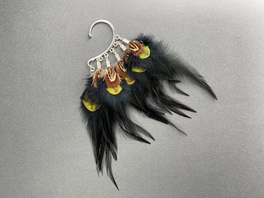 Black Ear Wrap with Mini Peacock Feathers, Lightweight Feather Ear Cuff, Gothic Ear Climber Accessory, Cosplay Statement Haloween Headpiece